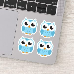 Product: set of four cute, blue cartoon owl stickers
