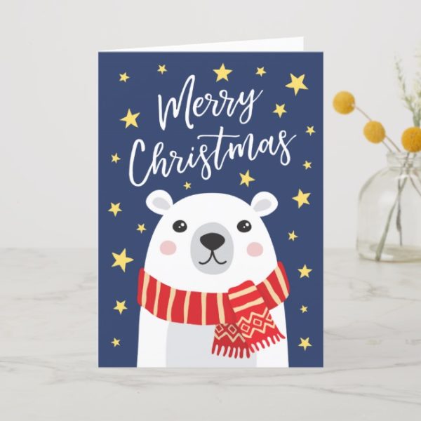 A Christmas card with a white polar bear wearing a red scarf. Cute and whimsical style